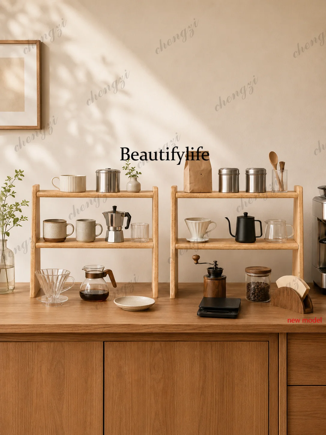 AB03  Solid wood cup storage rack, desktop rack, double-layer coffee cup holderdining side cabinetcountertop tea setcup finishin
