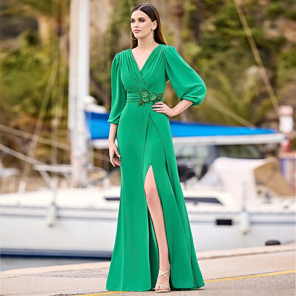 Mother of the Bride Dresses for Weddings Green V Neck Mermaid Wedding Guest Gowns for Women Side Split 3/4 Sleeves Evening Dress