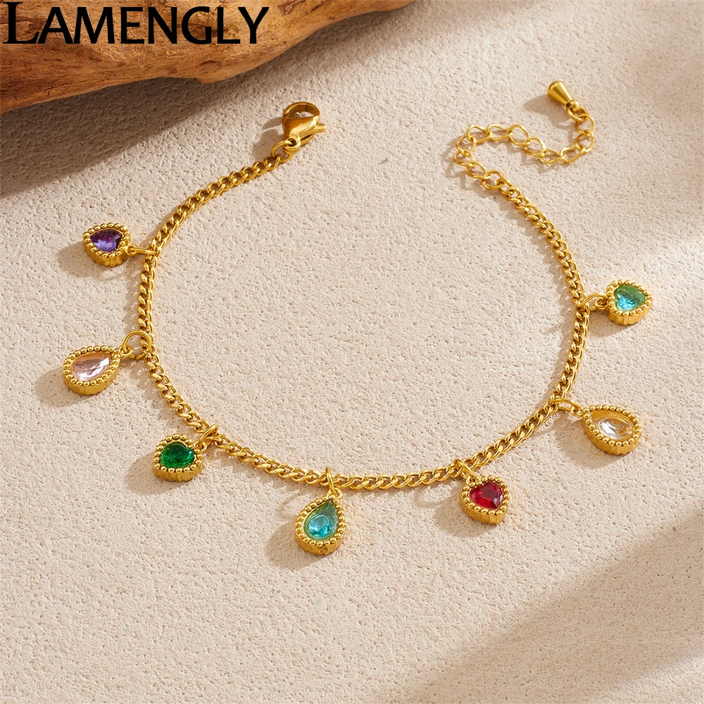 

LAMENGLY 316L Stainless Steel Multicolor Crystal Inlay Water-Drop Heart Charm Bracelet Women Elegant Trend Wrist Chain Jewelry