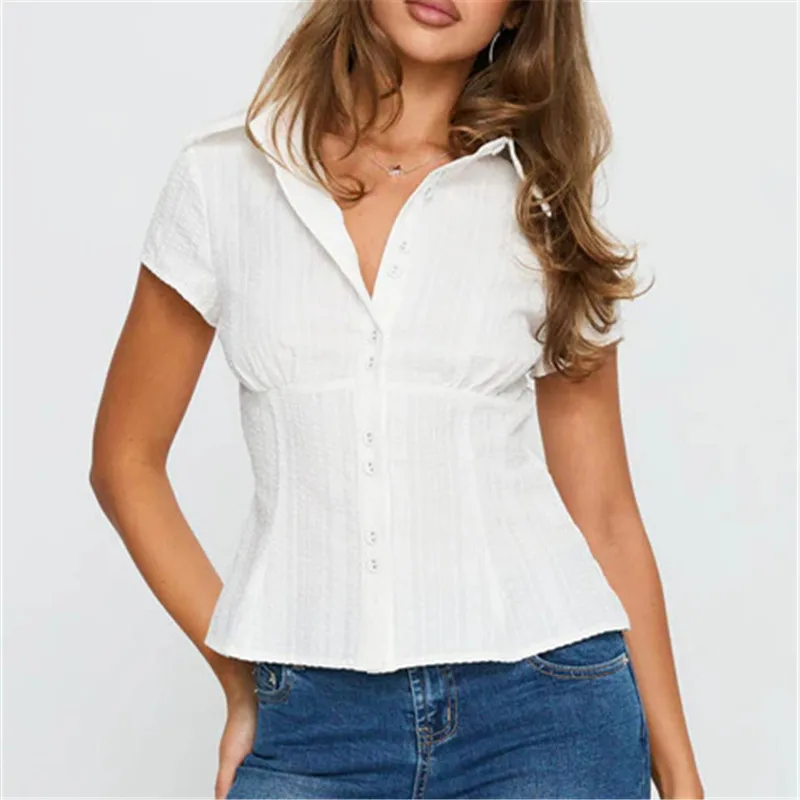 Vrouwen Y2k Esthetische Button-up Shirt Jaren '90 Vintage Cottage Korte Mouw Revers Slim Fit Blouse Fairy Grunge Crop Tops zomer