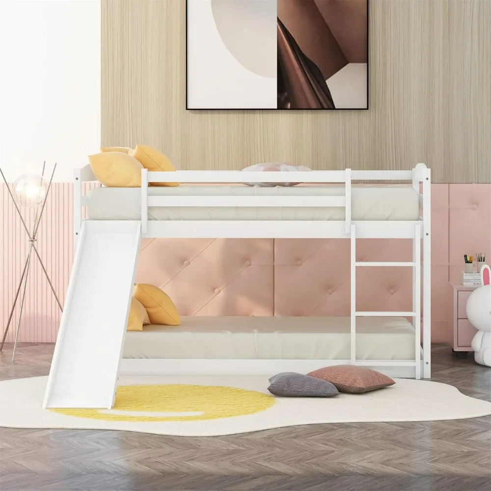 Bunk Beds.Low Bunk Beds Twin Over Twin Bunk Bed with Slide Wood Bed Frame for 2 Kids Toddlers Boys Girls Teens, White