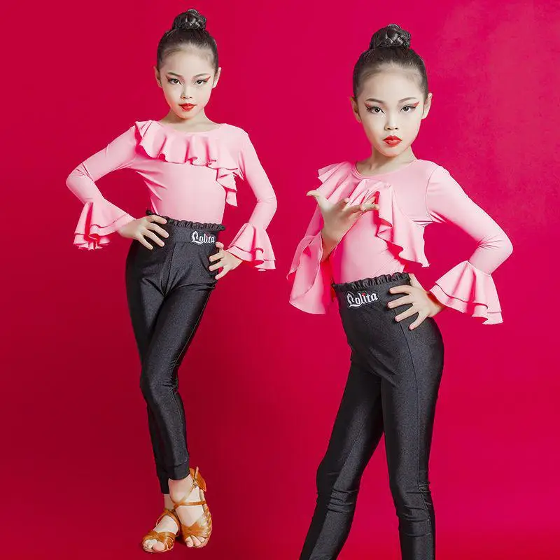 

2023 New Latin Dance Girls Dress Long Sleeve Pink Black Suit Tops Pants Children Cha Cha Samba Stage Performance Dance Clothes