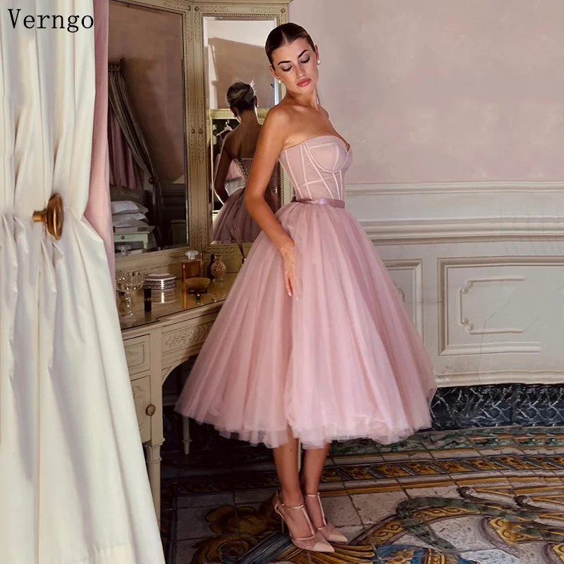 Verngo Pink Tulle Ptom Gown Strapless A Line Ankle Length Prom Party Dress Women Simple Formal Evening Dress Birthday Dresses