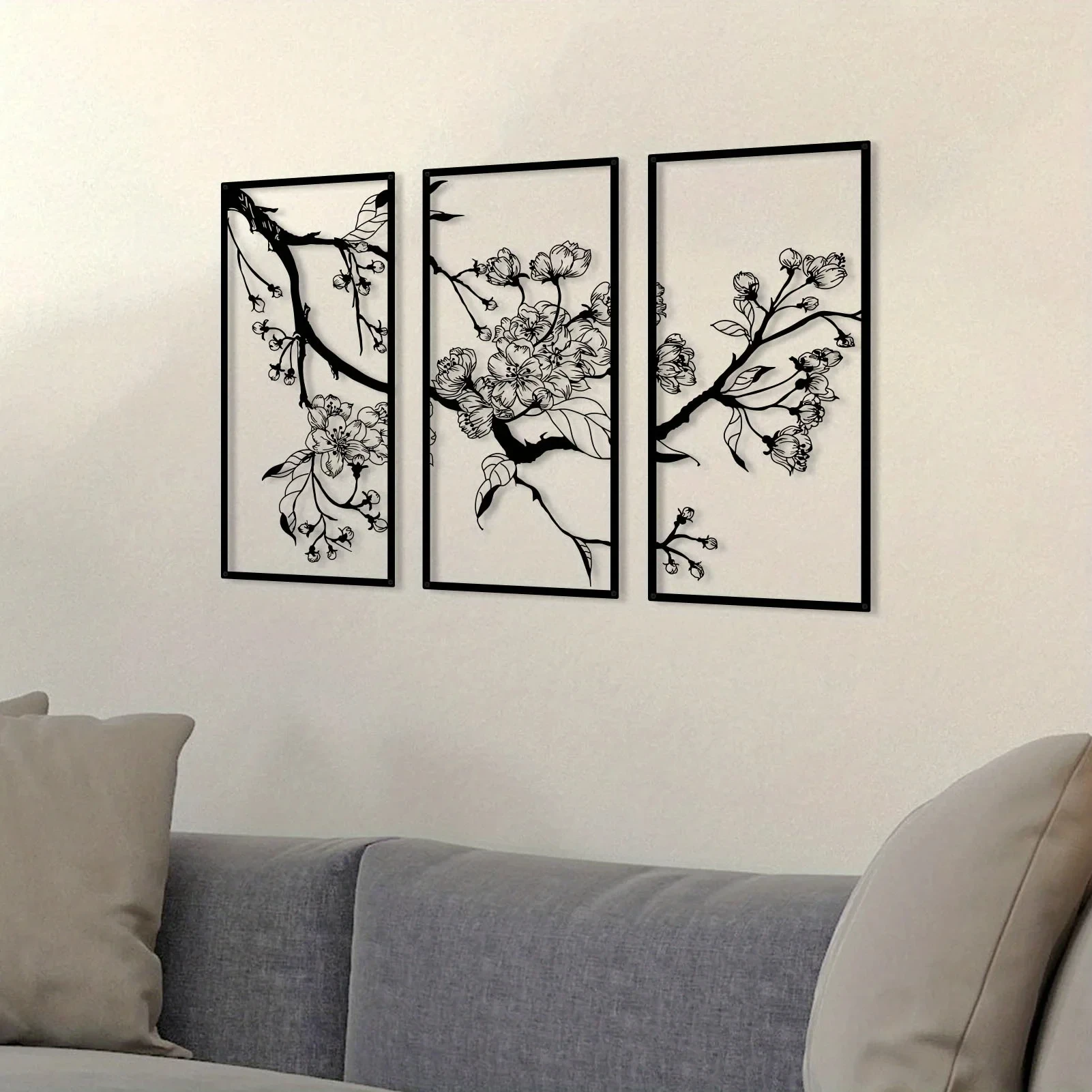 1pc Metal Peach Blossom Wall Decor, Black Line Square Wall Decor, Home Wall Art Sculpture, Garden Hotel Wall Christmas Decor