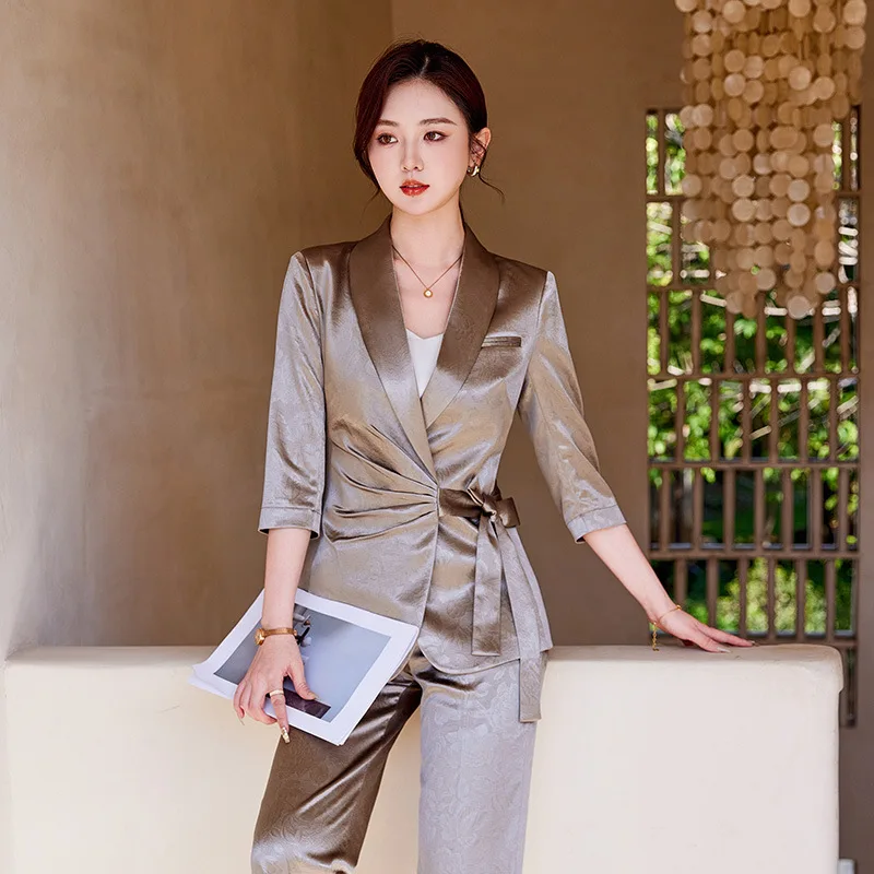 Designer Splicing ผู้หญิงอาวุโสหรูหรา Blazer ชุดกางเกงชุดซาตินผ้าไหม Office Lady Solid Coat ขนาดใหญ่ Elegant Jacket