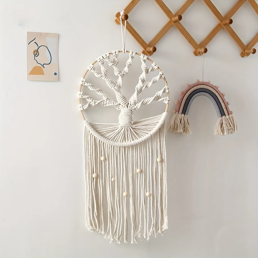 Tree of Life Dream Catcher Macrame Tapestry Bohemian Hand-Woven Wall Hanging with Tassels for Bedroom