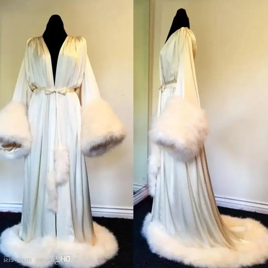 Women Winter Robe Nightgown Bathrobe Pajamas Sleepwear With Fur Train Long Sleeve Jackets Wedding Bridesmaid Shawl Customized