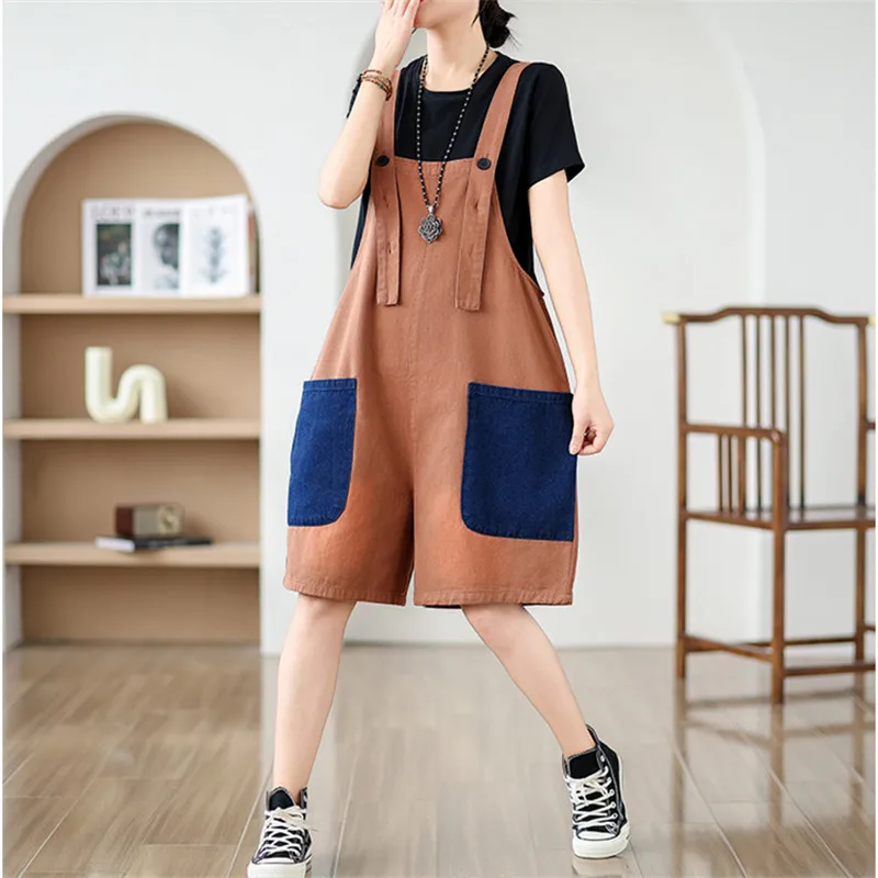 Woman Contrast Pockets Denim Button Overalls Summer New Fashion Loose Fit Wide Leg Patchwork Streetwear Knee Length Short Romper