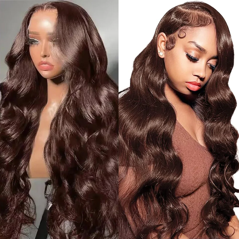 HDチョコレートブラウン 13x4 ボディウェーブ レースフロントウィッグ ブラジリアン 13x6 レースフロントウィッグ 女性用 100% レミー人毛ウィッグ 生え際処理済み