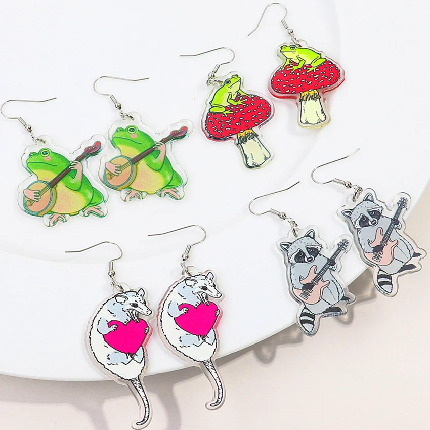 New Cute Magic Frog Mushroom Acrylic Print Earrings for Women Girls Funny Rat Heart Racoon Guitar Dangle Earring Jewelry Gifts