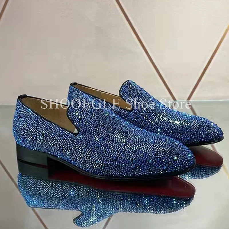 Black Rhinestone Shoes Classic Men Loafers Formal Flat Small Square Toe Summer Wedding Business Office Men\'s All Match Shoes