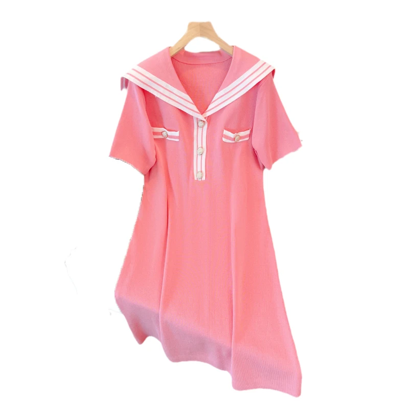 Stripe Knitted Dresses For Women Spring Summer Female Navy Collar Short Sleeve Large Size Elegant Mid-length Black Pink Vestido
