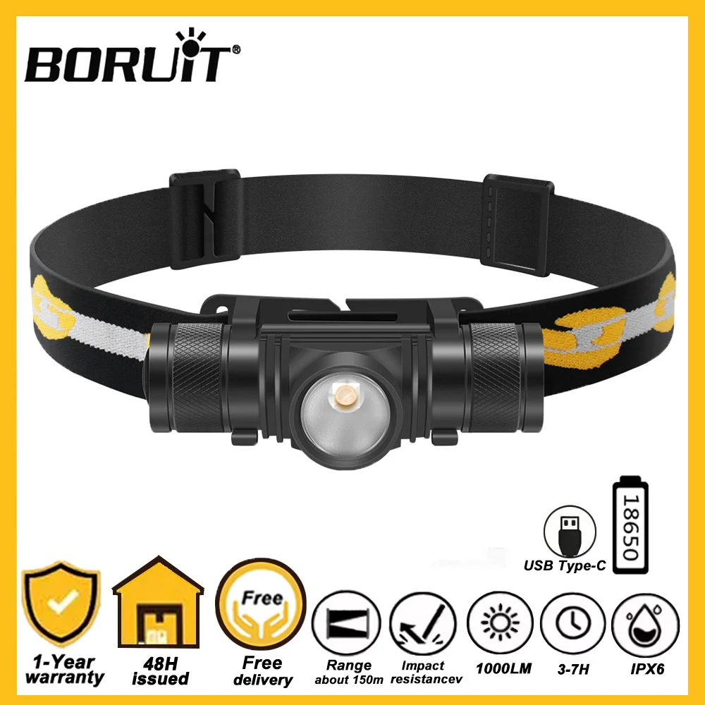 BORUiT D10 LED Headlamp 18650 Battery Type-C Rechargeable Headlight Waterproof Work Head Flashlight Fishing Camping Head Torch