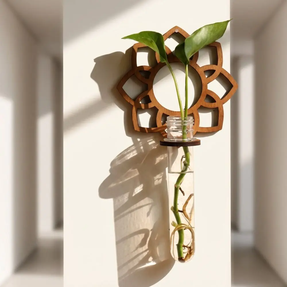 Minimalist Wooden Hydroponic Plant Rack Flower Shaped Plastic Tubes Wall Mounted Planter Hollowed-out Flower Stand Home Decor