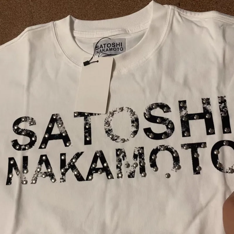 Real Photo SATOSHI Tshirts Vintage Distressed Faded Letter Print Rivets Breathable Cotton Round Neck Short Sleeve Men Women Tops