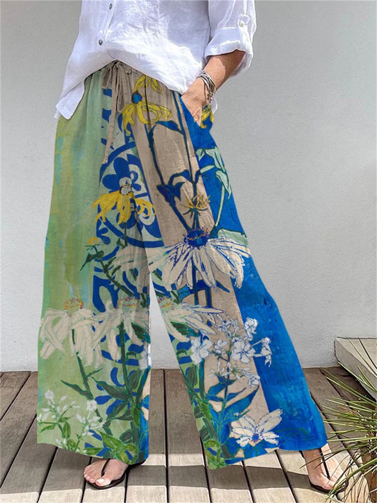 3D Patterned Print Women's Wide-Leg Pants Retro-Style Streetwear Outdoor Trend Women's Drawstring Breathable Long Pants