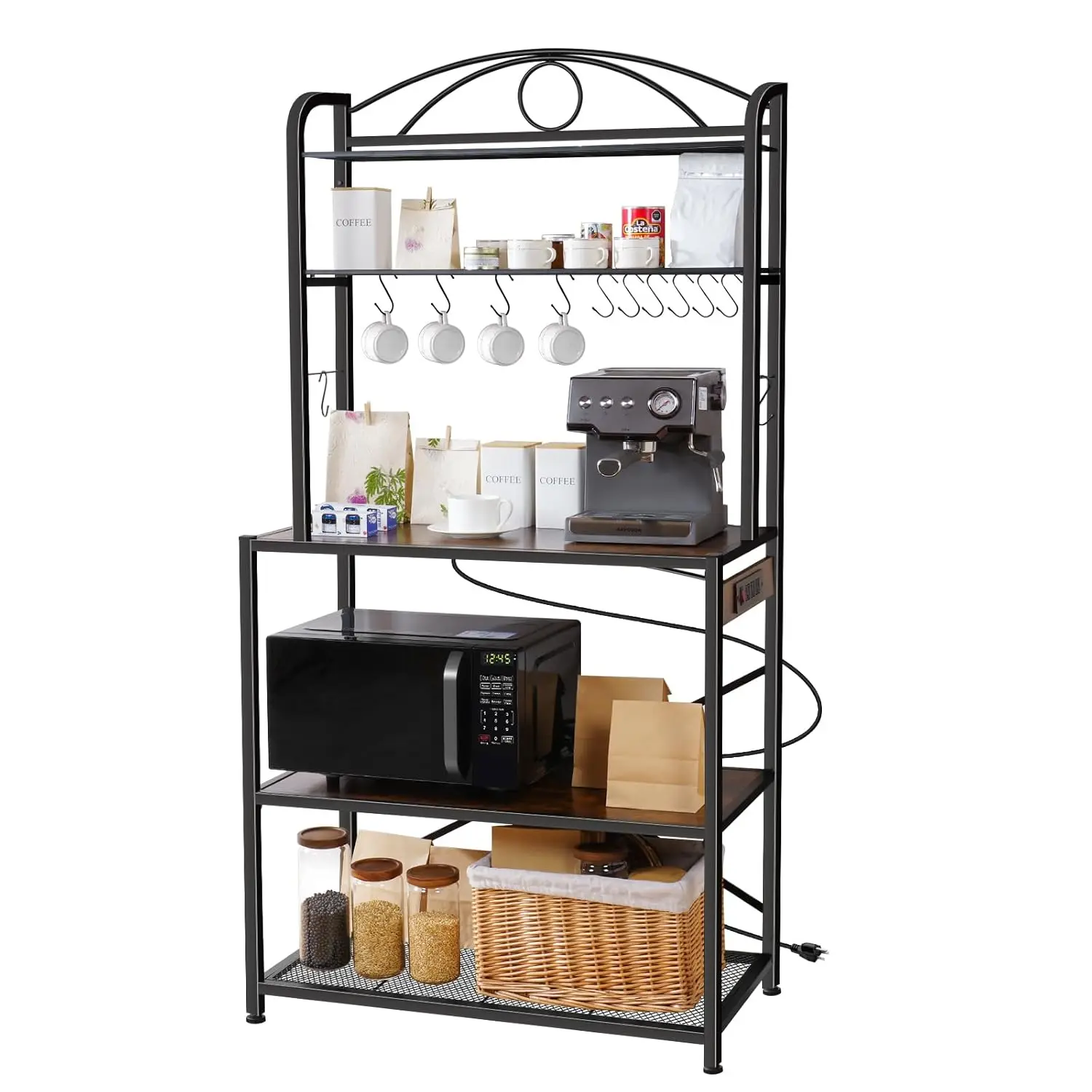 

Bakers Rack for Kitchen, 33-inch Wide Coffee Bar Station with Power Outlet, 5 Tier Microwave Stand Storage Shelf, Customized