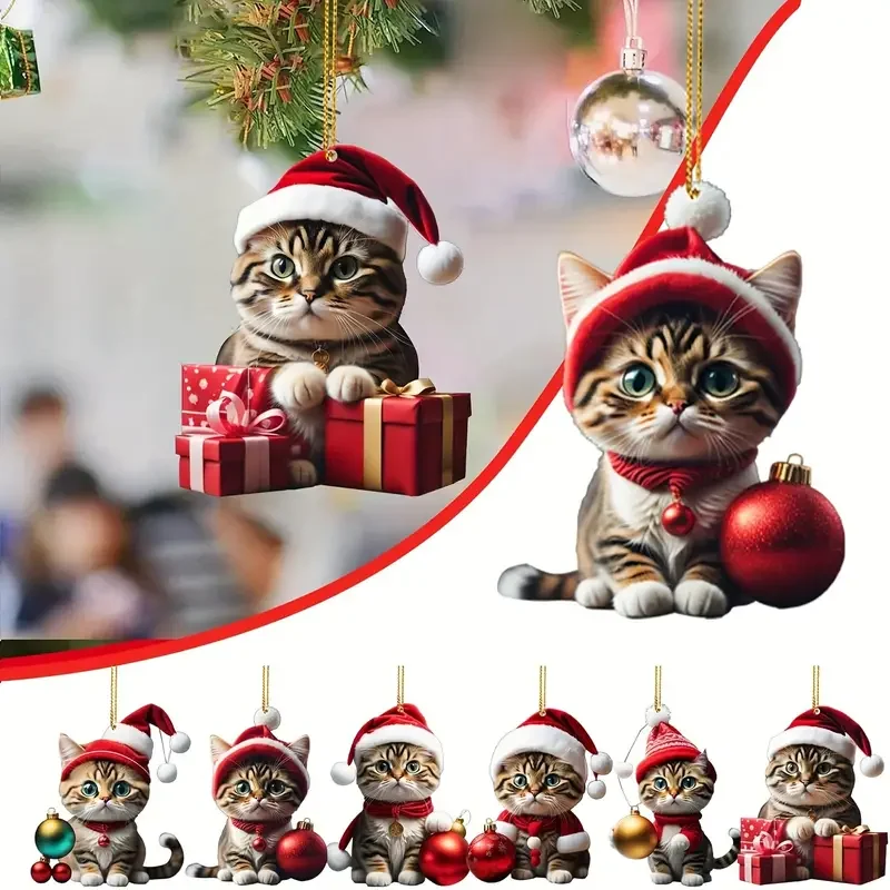 Acryl Weihnachtskatzen-Anhänger, Urlaubsdesign mit Weihnachtsmütze für Weihnachtsbaum, Auto, Rückspiegel, Zuhause, Party, Urlaubsdekoration