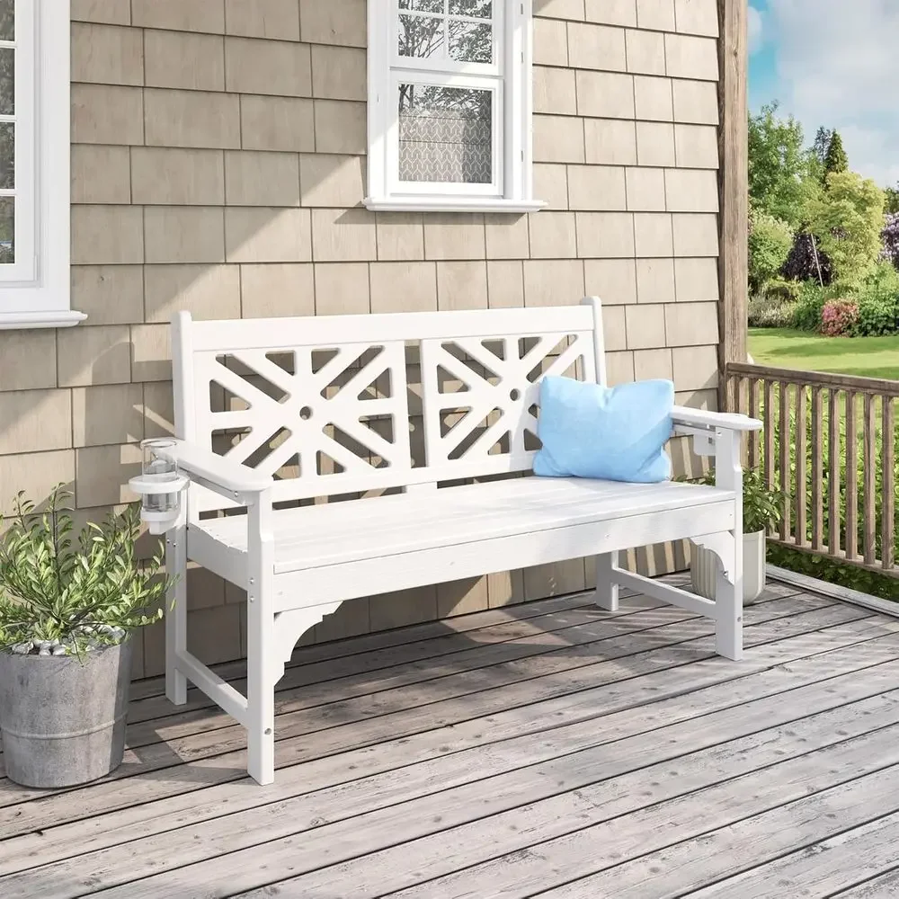 All-Weather HDPE Outdoor Bench with Cup Holders, 51.5 Garden Bench for 2, Memorial, Patio, Porch, 800lbs Capacity, White