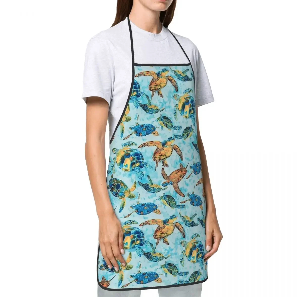 Custom Watercolor Turtles Pattern Apron for Men Women Unisex Adult Chef Cooking Kitchen Ocean Lover Tablier Cuisine Gardening