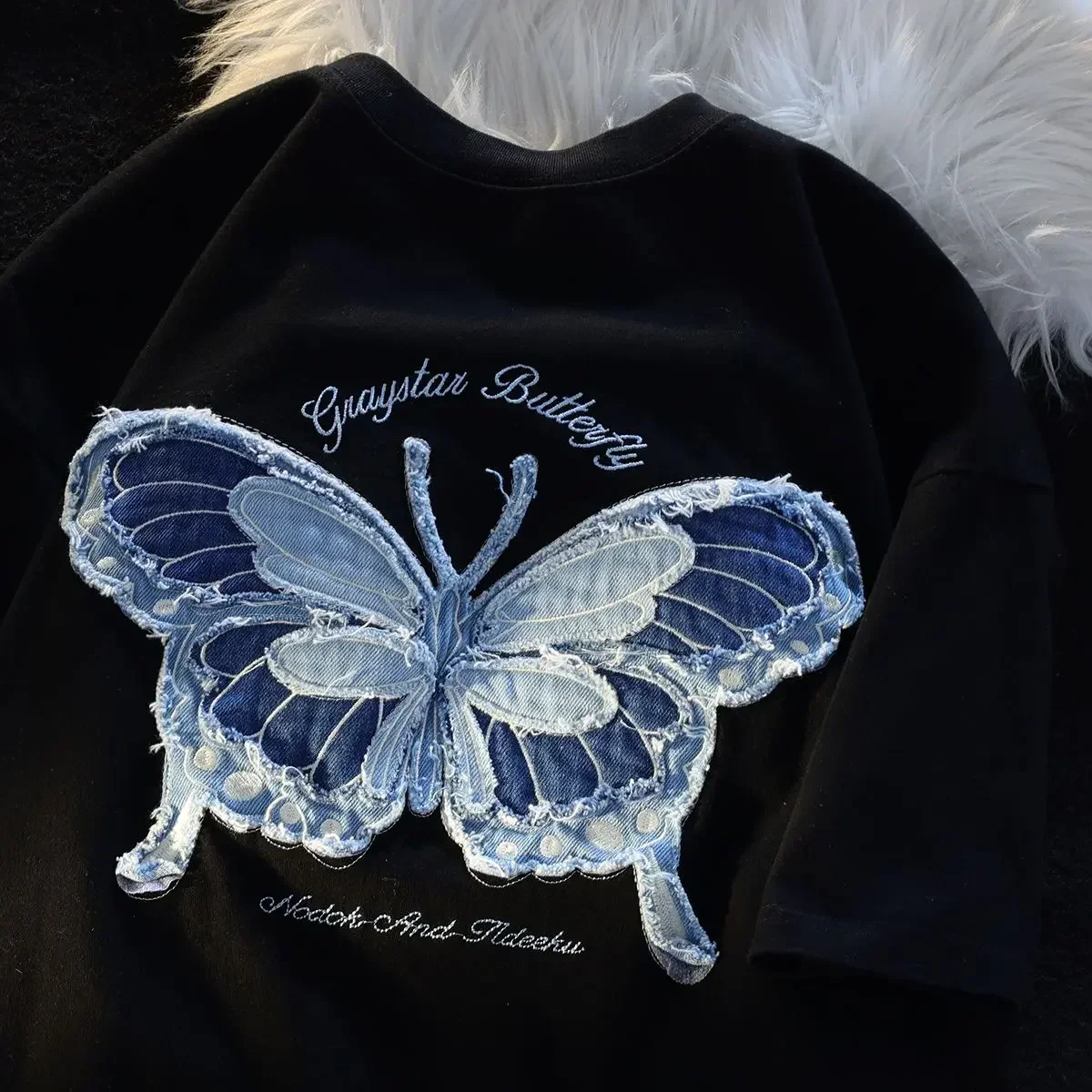 Pure cotton milk system butterfly embroidery couples short sleeved T-shirt female summer ins versatile college wind on clothes