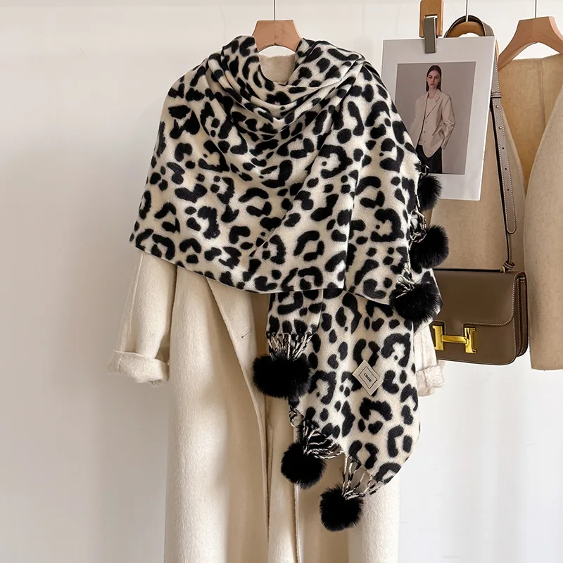 

Новый зимний двусторонний кашемировый шарф с леопардовым принтом, женский теплый модный двусторонний шаль с бахромой, универсальный аксессуар