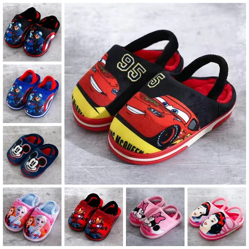 Disney-zapatillas de invierno para niños y niñas, zapatos antideslizantes de algodón para el hogar, con dibujos animados de Minnie Mouse, Mickey,