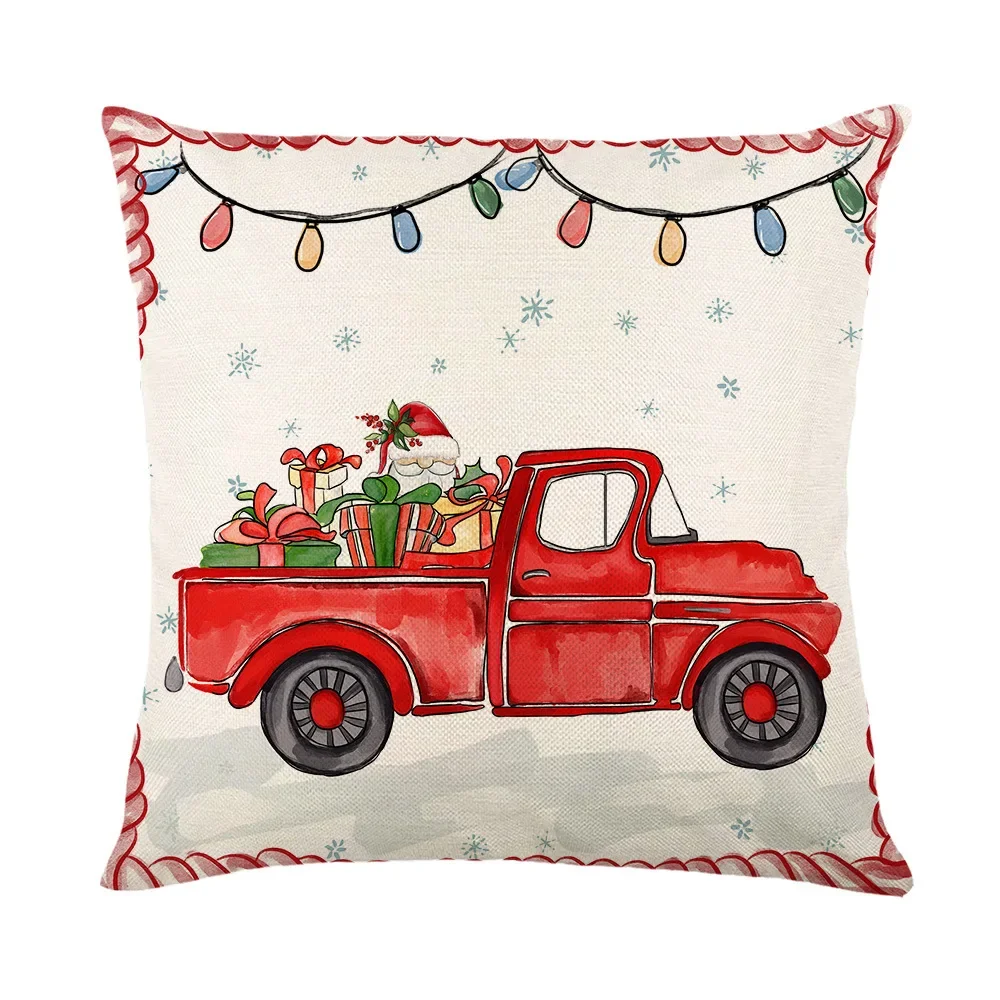 Christmas Cushion Cover 18x18 Inches Xmas Throw Pillow Covers Christmas Tree Red Trucks Print Pillowslip Home Decor Pillowcase