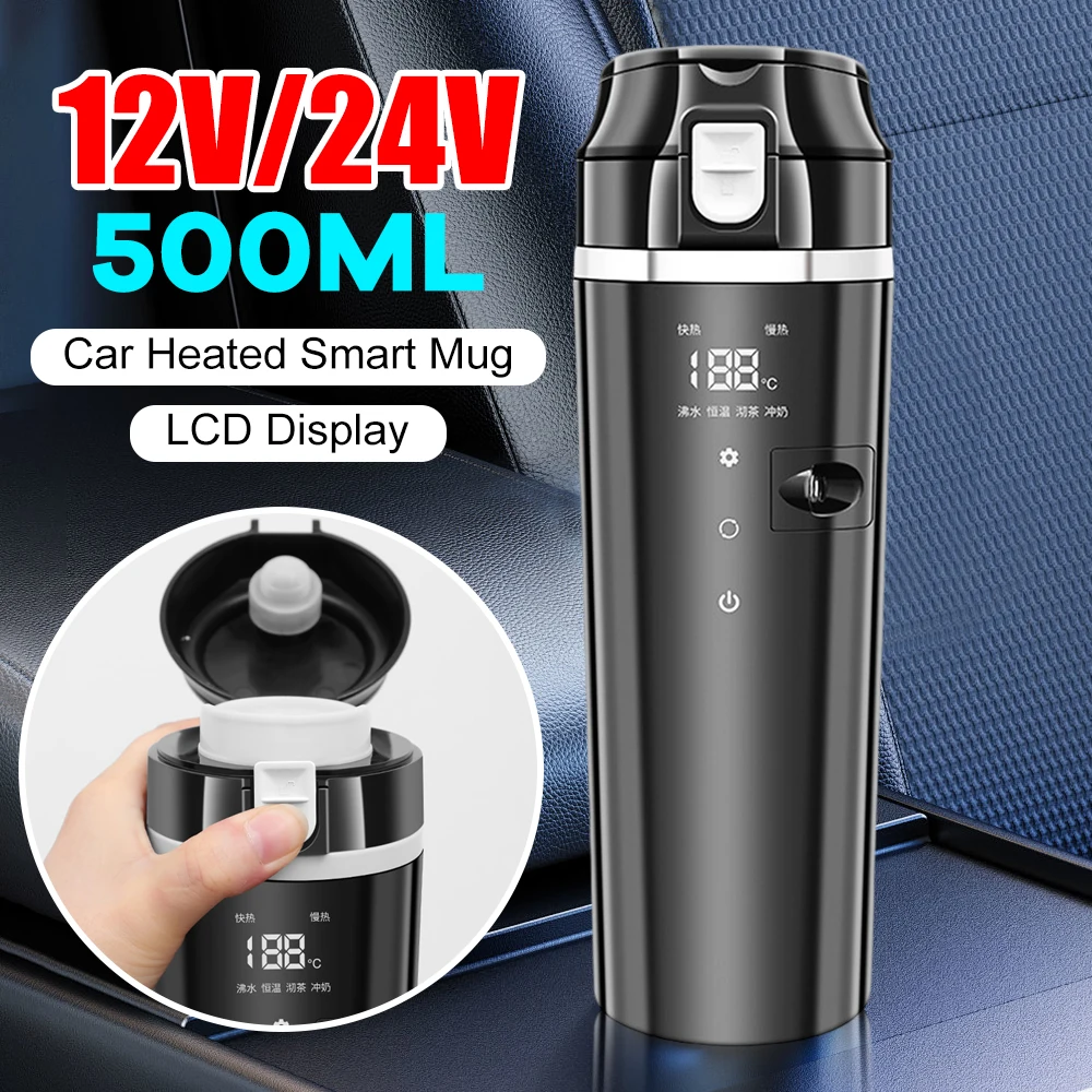 

12 В/24 В автомобильная чашка с подогревом, цифровой ЖК-дисплей, умная кружка с подогревом автомобиля, умный контроль температуры, чашка для чайника с подогревом кофе, молока