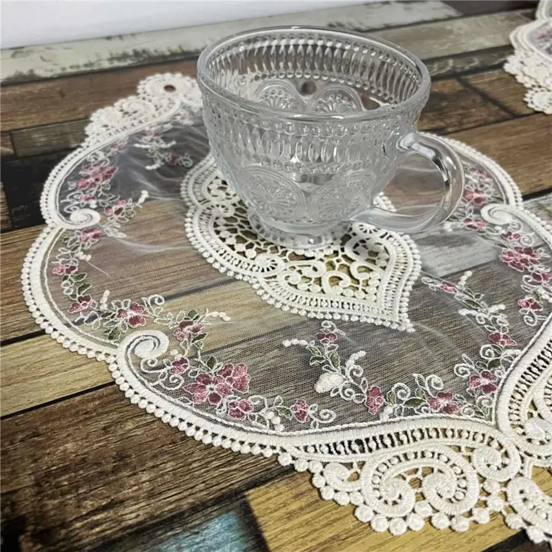 ABKS-4Pcs Vintage Oval Lace Table Placemats Exquisite Flower Embroidered Doilies Vase Mat 12.2 X 16.9 Inch