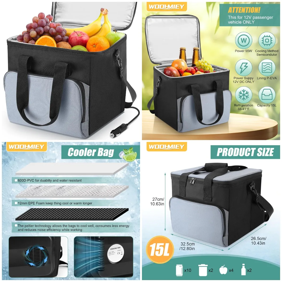 

15L Portable Electric Cooler Bag, Watertight Travel Cooler with Shoulder Strap & DC 12V Plug