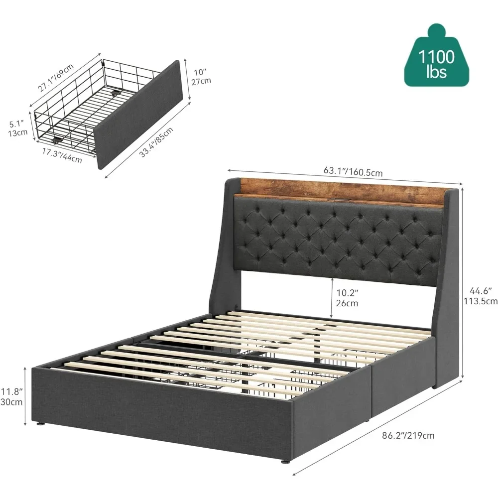 Queen Size Bed Frame with 4 Storage Drawers, Outlets and USB Ports, Sturdy Wood Slats, No Box Spring Needed