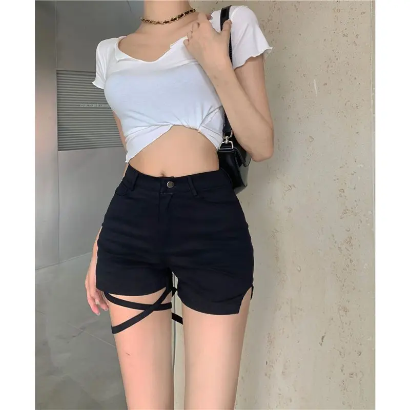 

Summer New Irregular Black High Waist Straight Shorts Solid Color Thin Lacing Versatile Tight Pants Sexy Fashion Women Clothing