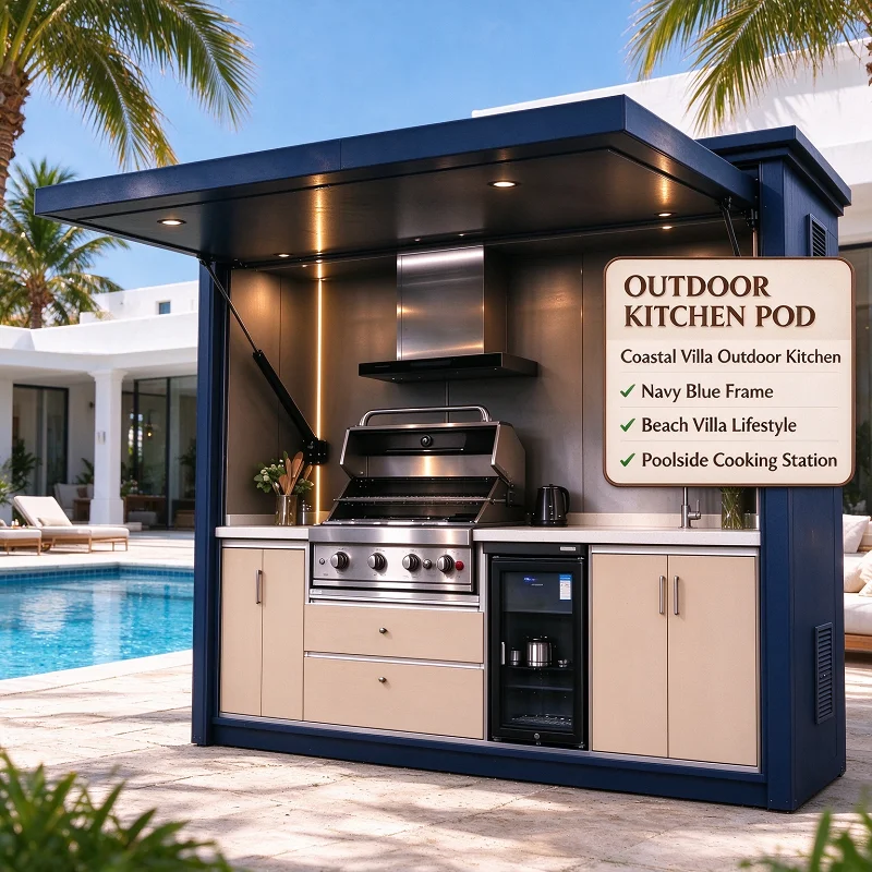Modular Outdoor Kitchen BBQ Pod Island Grill Station Aluminum Pergola Stainless Steel Cabinet Sink Fridge Shed Patio Cooking
