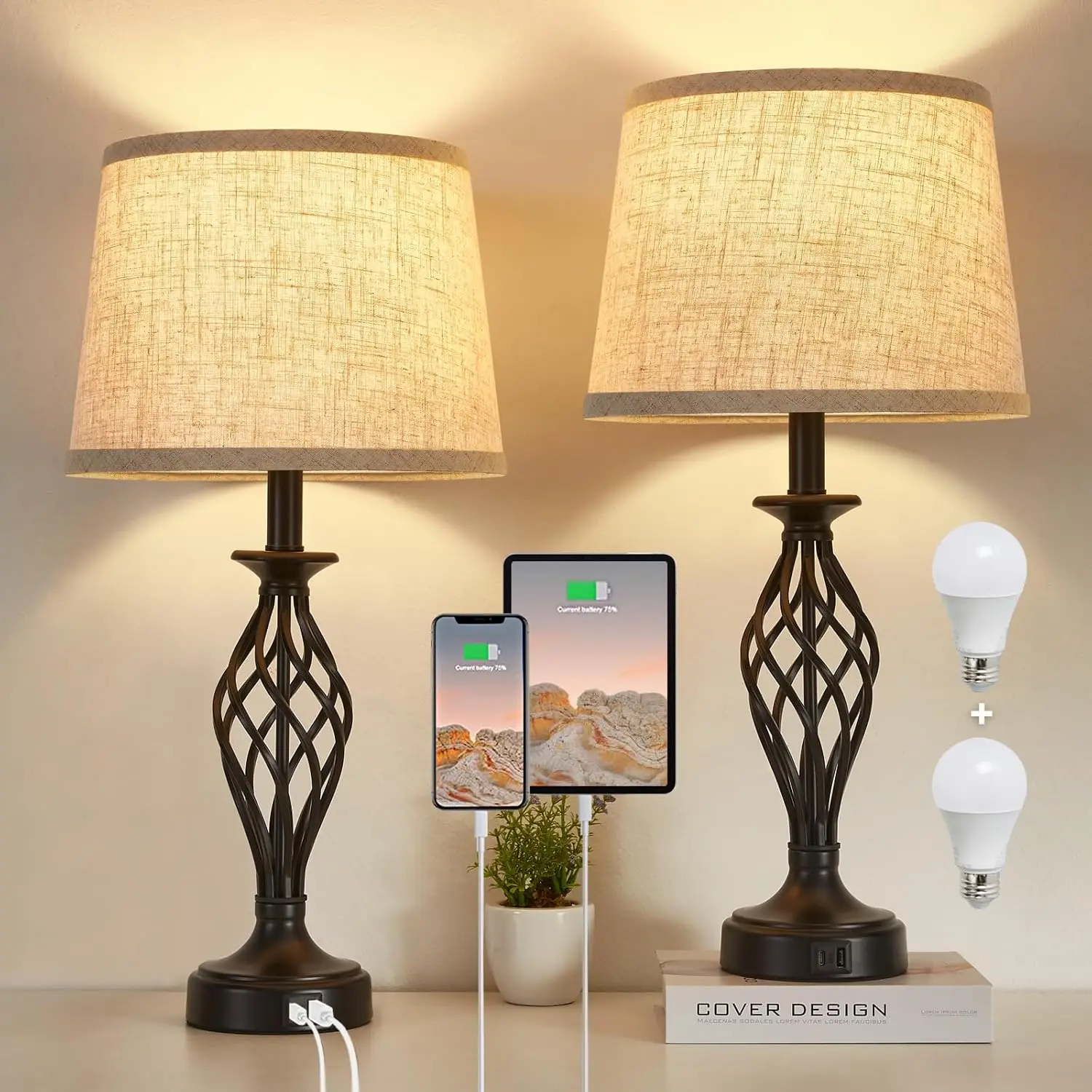 

Modern Bedside Lamps Set of 2 with USB C+A Ports, Spiral Cage Base, Fabric Shade, Includes LED Bulbs
