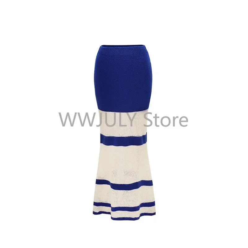 2024 New Blue Knitted Sets Women Korean Fashion Striped Suit Casual Y2k Crop Tops + Slim Bodycon Midi Skirt Elegant Chic