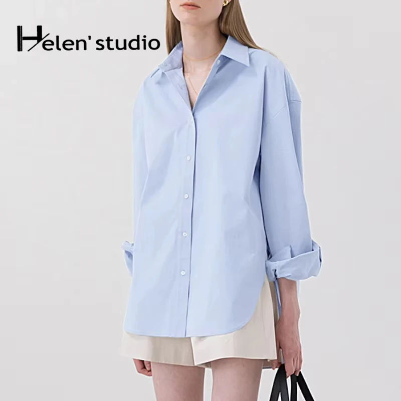 Chemise ample 100% coton pour femme, élégante et décontractée, col rabattu, manches longues