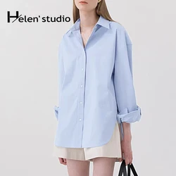 Camisa 100% de algodón para mujer, camisa holgada informal de manga larga con cuello vuelto y botones, Color liso, Otoño, 2024