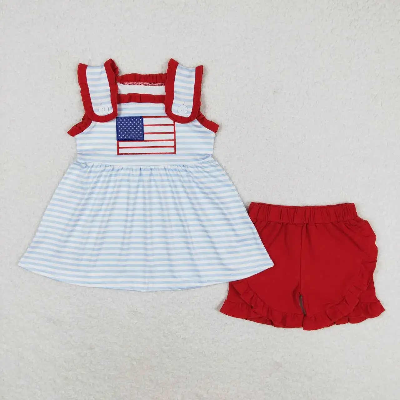 

Toddler girls July 4th USA flag Outfits Clothes Baby Short Sleeves Top red Shorts Kids Clothing Wholesale boutique summer set