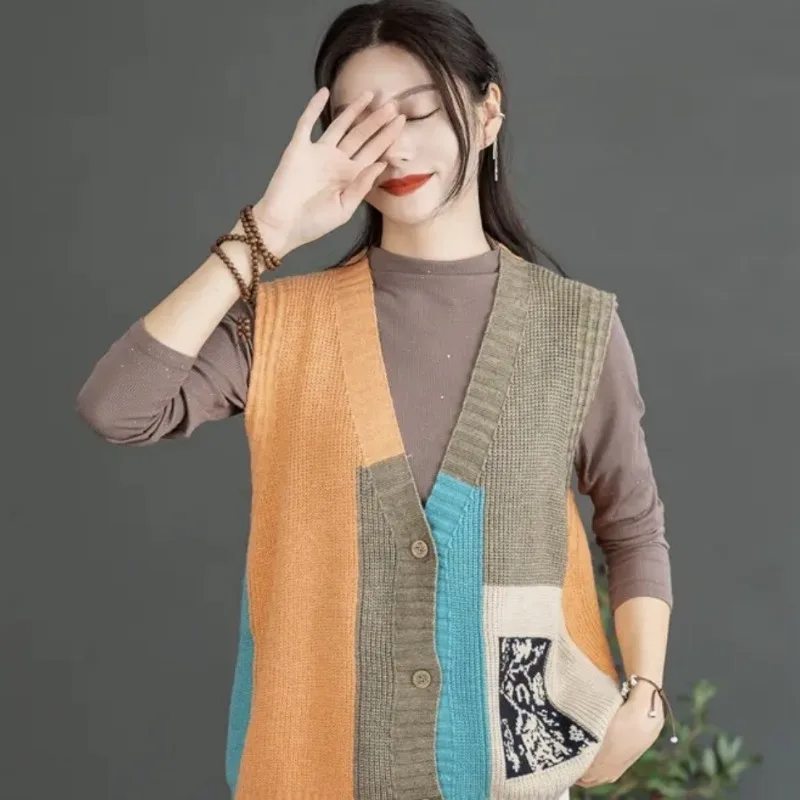 Vest women retro spring and autumn style V-neck slimming covering flesh loose outer cardigan sweater sleeveless camisole