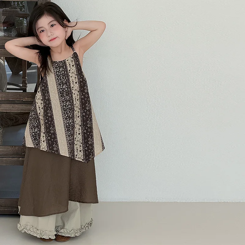 

Girls' Summer New Fashionable Ethnic Style Spliced Sundress Baby Forest Fashion Versatile Skirt Two-piece Set