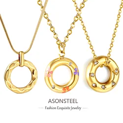 ASONSTEEL Stainless Steel Circle Pendant Necklace Cubic Zirconia For Women Glossy Clavicle Stylish Jewelry Hollow Chain Choker