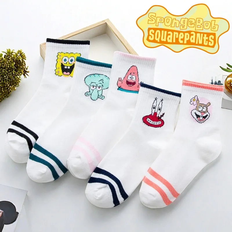 SpongeBob Cartoon Socks Women Girls Cute Street Fashion Mid-calf Socks Anime Sports Skateboard White Breathable Short Socks