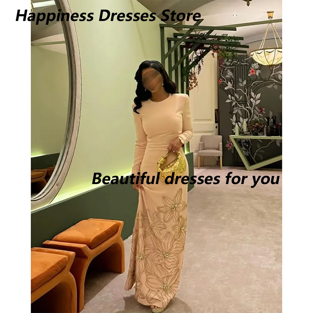 Vestido de noite personalizado clássico jérsei plissado flor a linha o pescoço mangas compridas vestido de noite longo estilo moderno requintado