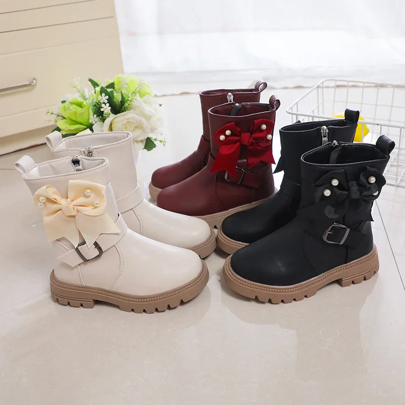 Soft-soled Non-slip Mid-calf Boots Girls Autumn Kids Student Pearl Bow PU Leather Boots Baby Children Warm Casual Chelsea Boots