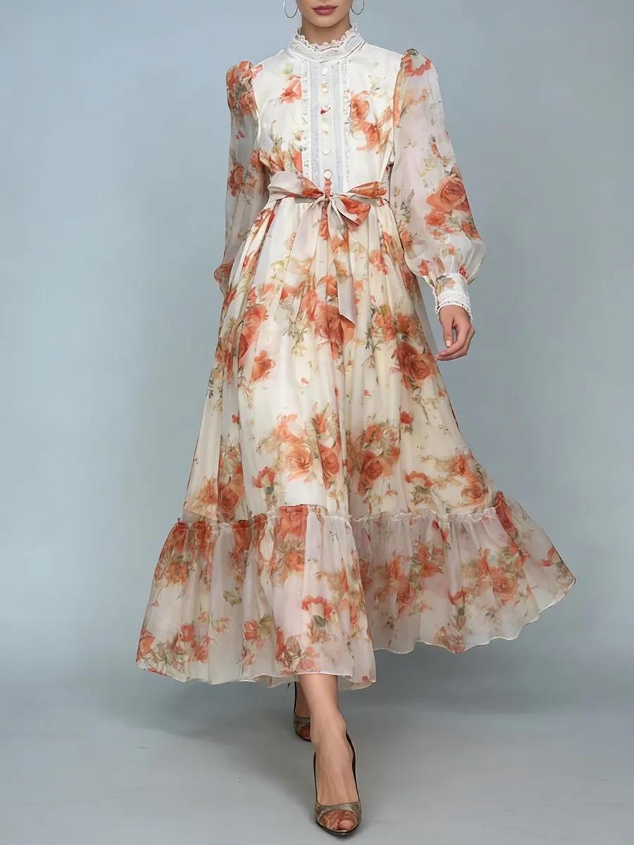 Robes élégantes pour femmes TWOTWINSTYLE, imprimé français, dentelle transparente, col montant, manches longues, patchwork, plis, robe féminine