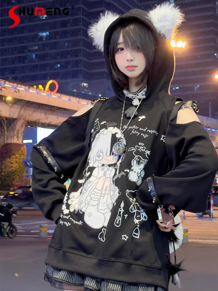 

Original Japanese Subculture Black Off-the-shoulder Hooded Hoodies Autumn New 2025 Girl's Anime Print Kawaii Tops Y2k Pullover