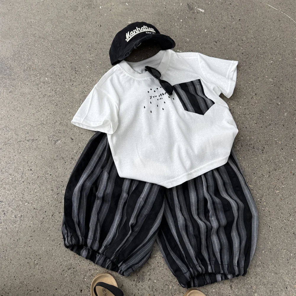 

Children Clothing Boys Short Sleeved Loose and Comfortable Set 2026 Summer New Boys Korean Style Loose Striped Two Piece Set