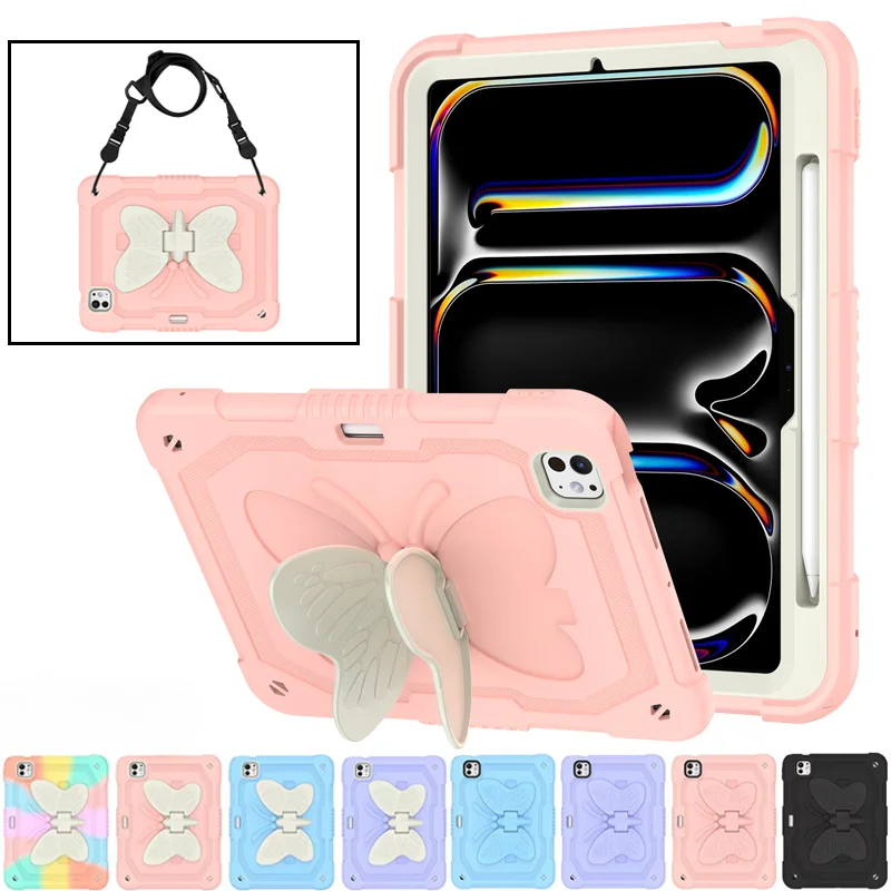 For IPad Mini6 Air 4 5 6 Pro 11 inch M2 M4 2022 2024 Kids Butterfly Shockprooof Tablet Case Full Body Stand Armor Cover + Strap