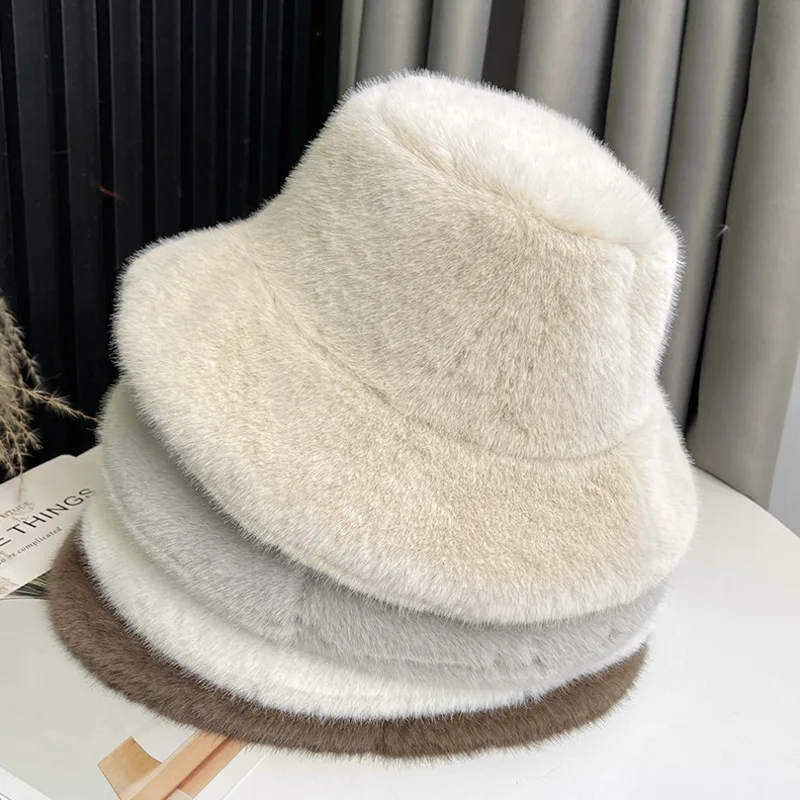 

Faux Mink Fur Hat For Women Winter Thickened Warm Plush Fisherman Hat Warm Ear Protection Fur Caps Luxury Cold and Snow Hat